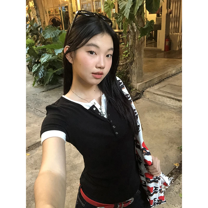 【HRG清仓】春夏ins美式时尚设计感撞色假俩件T恤251V0344