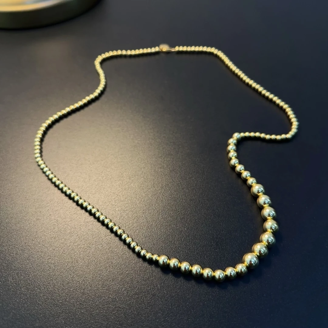坠链均925银 925银珠珠项链金色大小不规则珠串NECug 0376