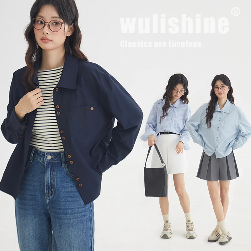 小个子翻领两粒扣休闲衬衫女春秋简约慵懒风纯色上衣
