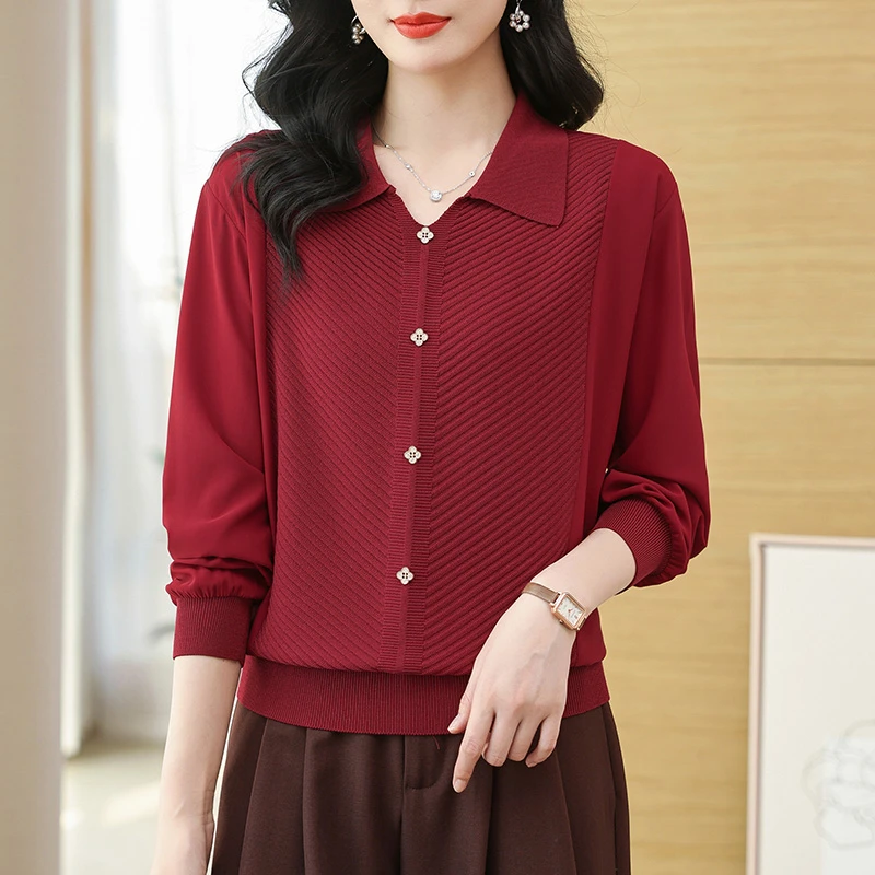 衬衫领上衣长袖t恤女针织衫妈妈春装2025新款春秋妈妈洋气翻领薄