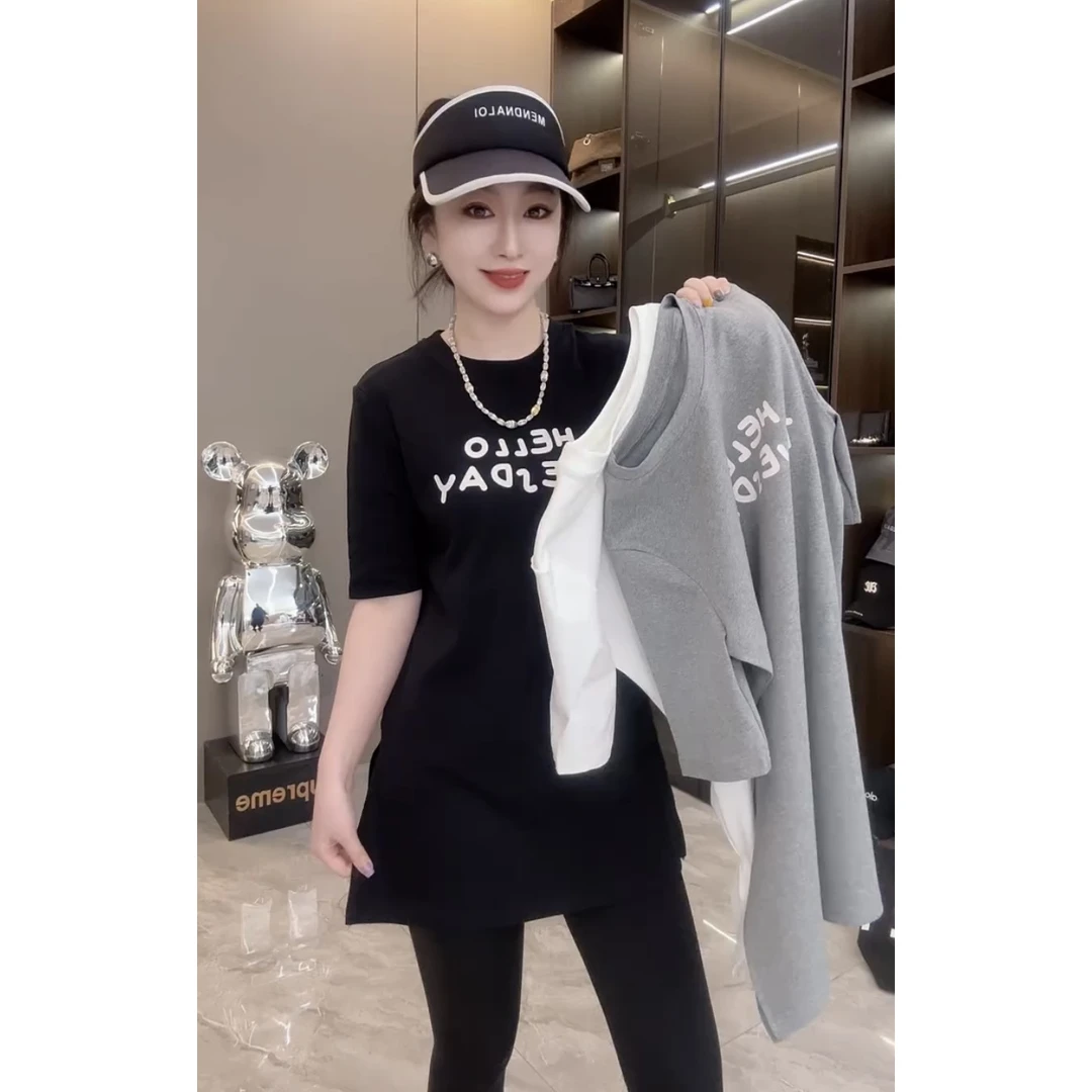 欧货2025夏季新款美式半袖字母印花短袖T恤女中长款开叉收腰上衣