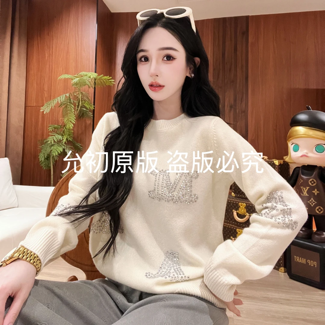 25ss允初早秋高定气质休闲镶钻字母圆领百搭羊毛针织衫毛衣女8197