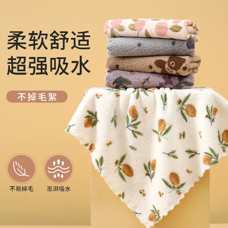 跨境印花新品珊瑚绒花边儿童方巾吸水碎花小熊方巾
