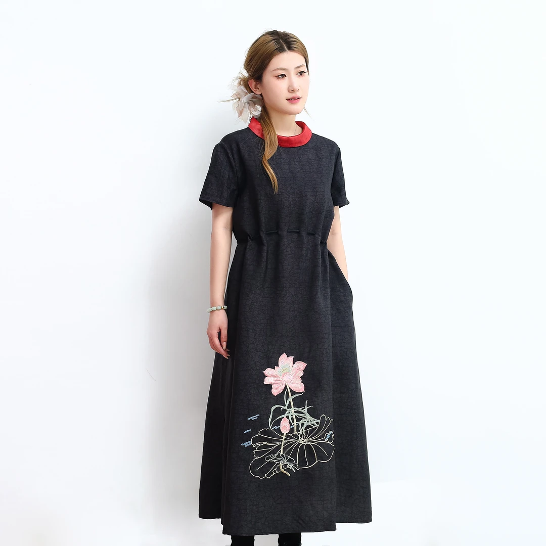 HUIXINGE 重工刺绣连衣裙香云纱龟纹气质女神25年新款女装连衣裙