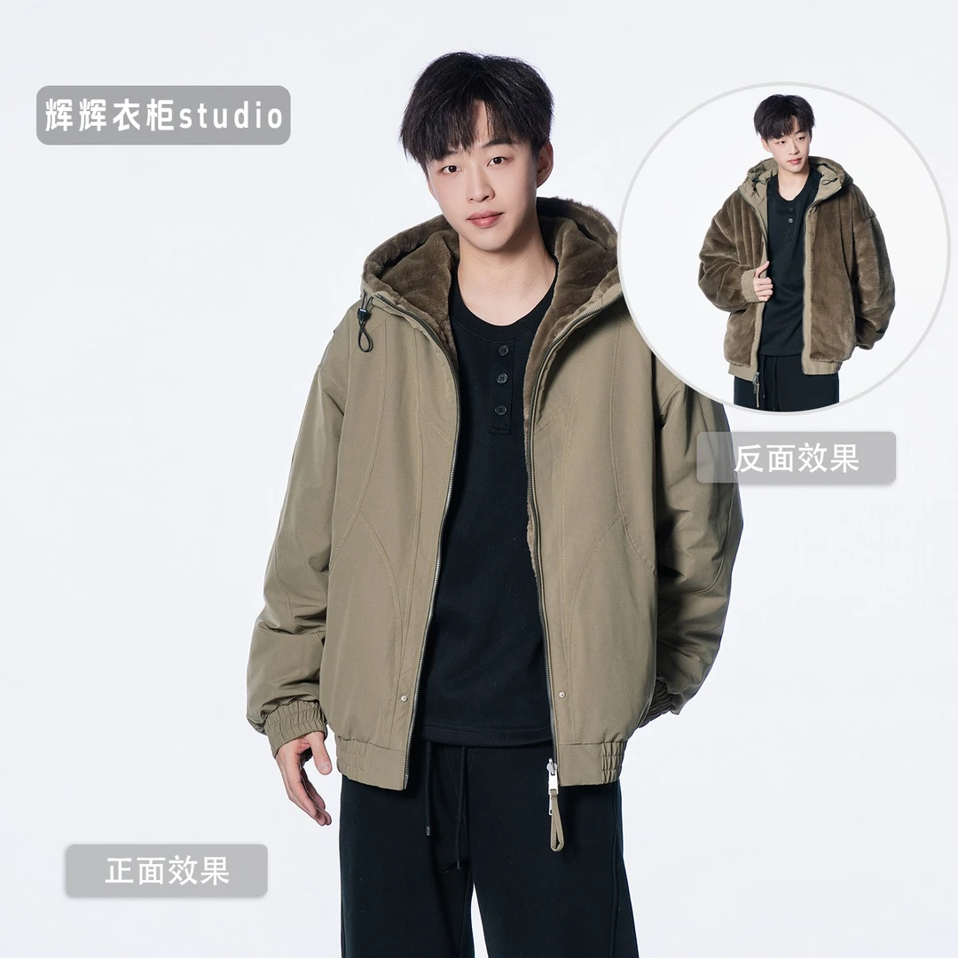 【小小芽】【双面穿座山雕】加厚连帽双色银狐绒情侣飞行夹克外套