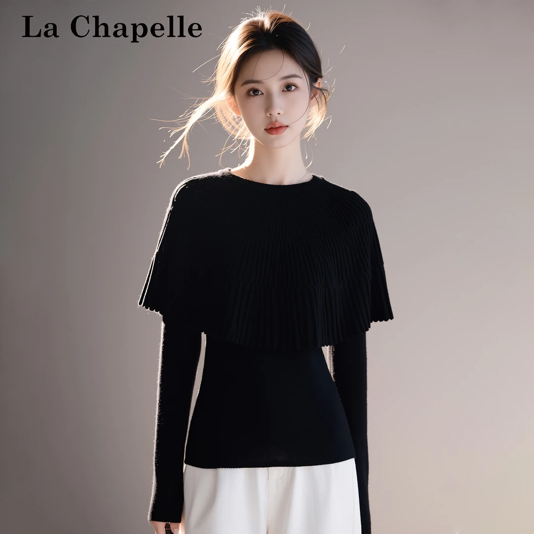 拉夏贝尔斗蓬披肩假两件打底针织毛衣秋冬新款修身显瘦百搭上衣潮