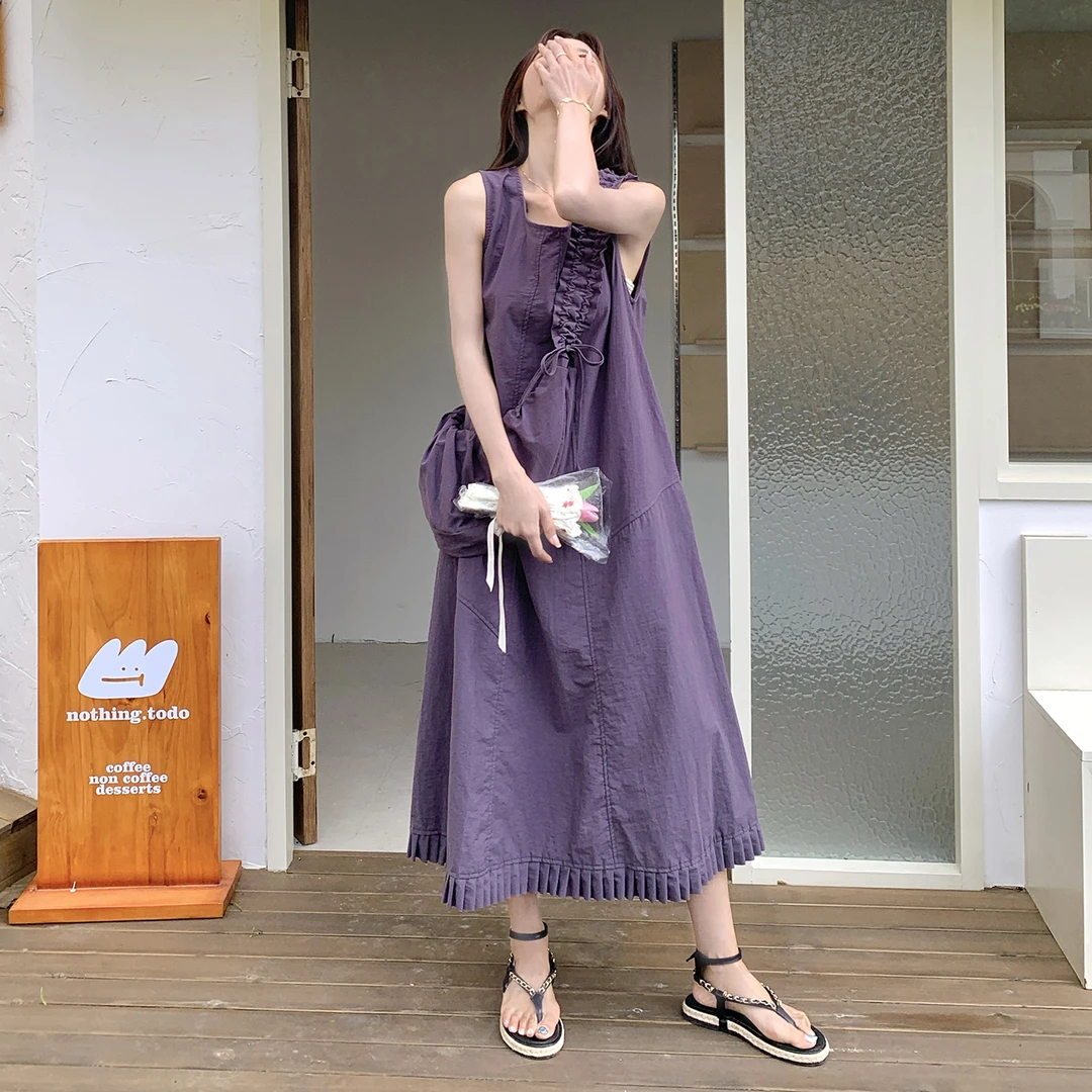 2025夏季新款法式宽松A版无袖连衣裙配挎包背心裙2韩范气质春夏装