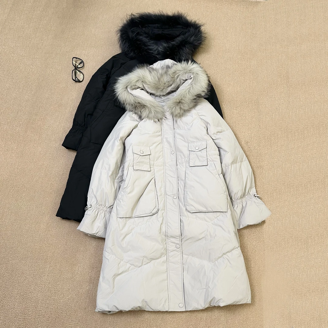 【叶子服饰】冬季新款中长款保暖时尚百搭可拆卸毛领长款羽绒服579