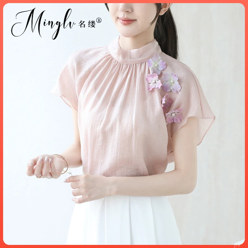 背后2025网红气质短袖上衣女立体花朵新款衬衫优雅夏系带落肩氛围