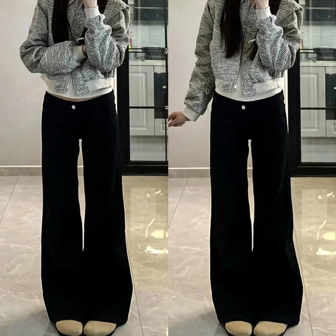 黑色微喇高腰宽松阔腿牛仔裤女秋季大码梨型遮胯显瘦百搭喇叭裤子