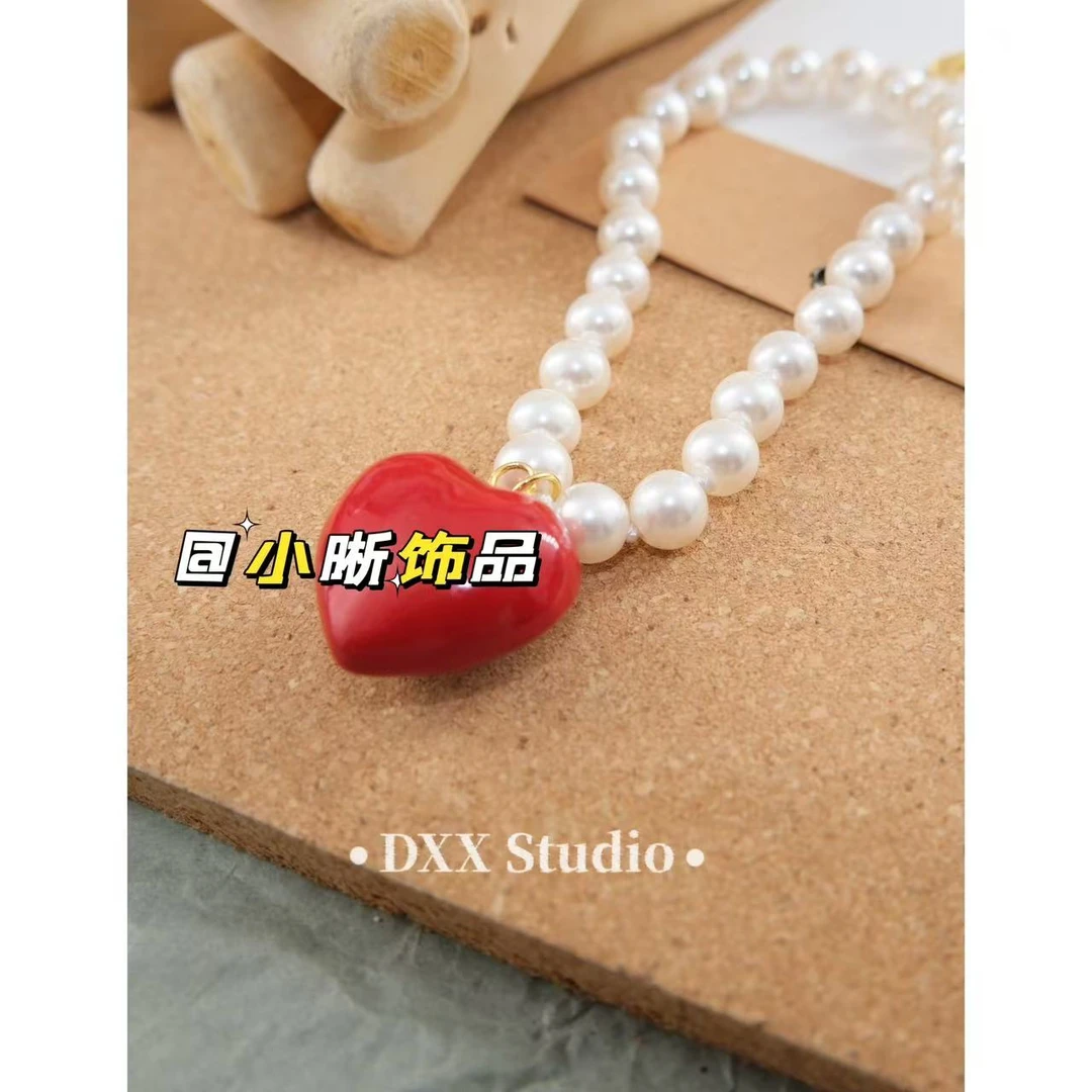 铜合金仿珍珠项链 小众设计红色桃心项链45924