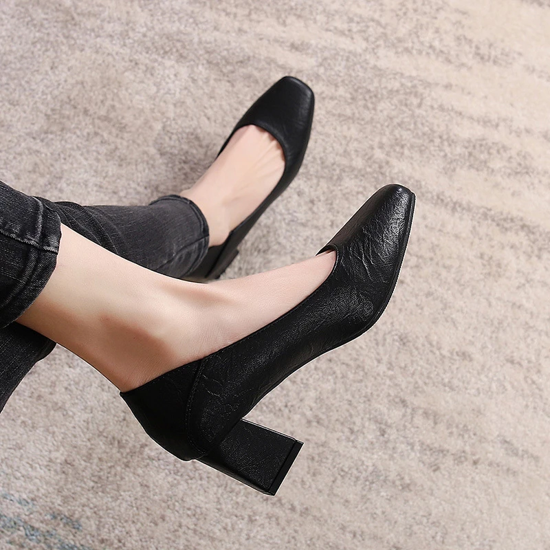 JHX爆款新款韩版粗跟方头百搭时尚职业工作单鞋真皮浅口女