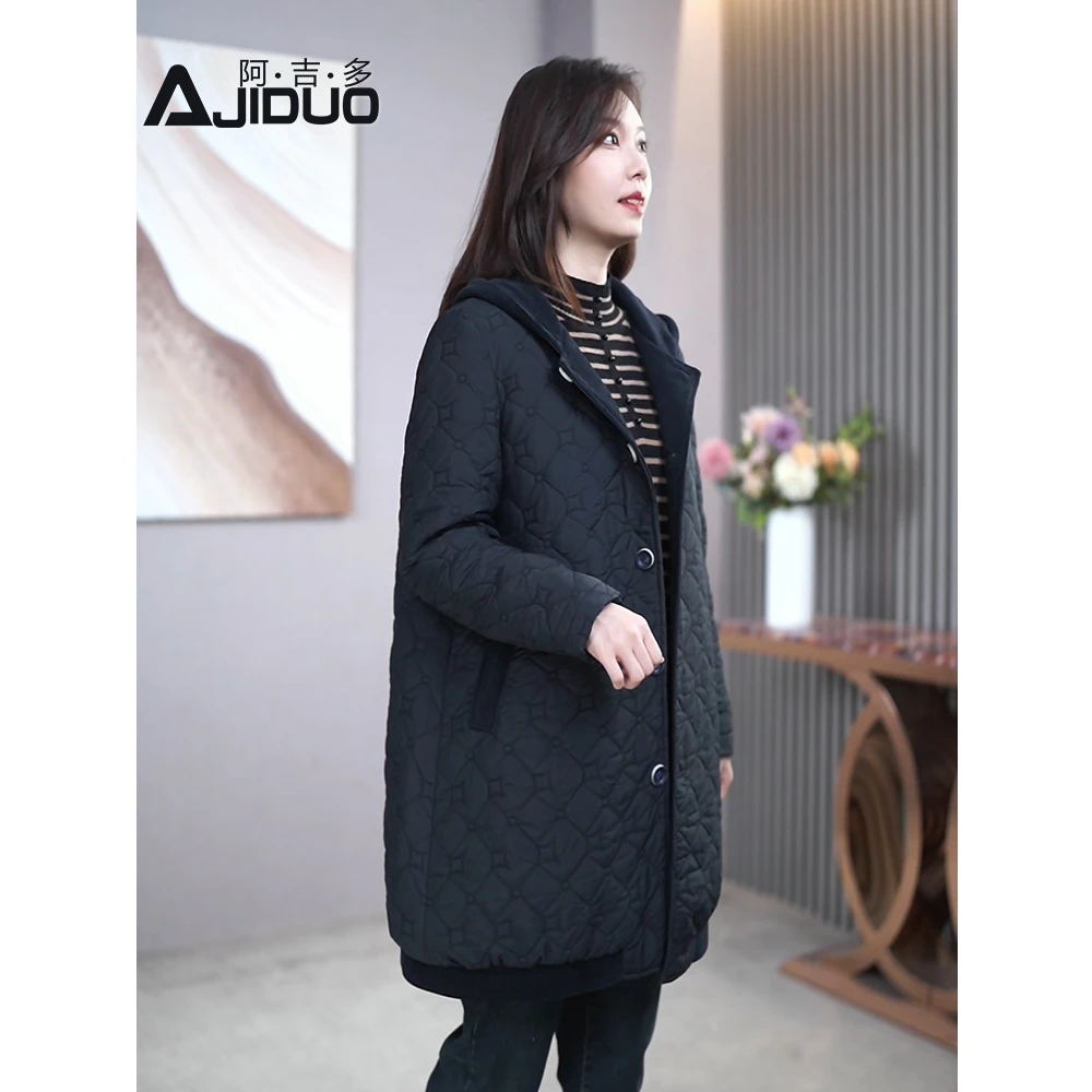 中长款休闲连帽棉服女冬季2025年新款妈妈装遮屁股加厚夹棉外套