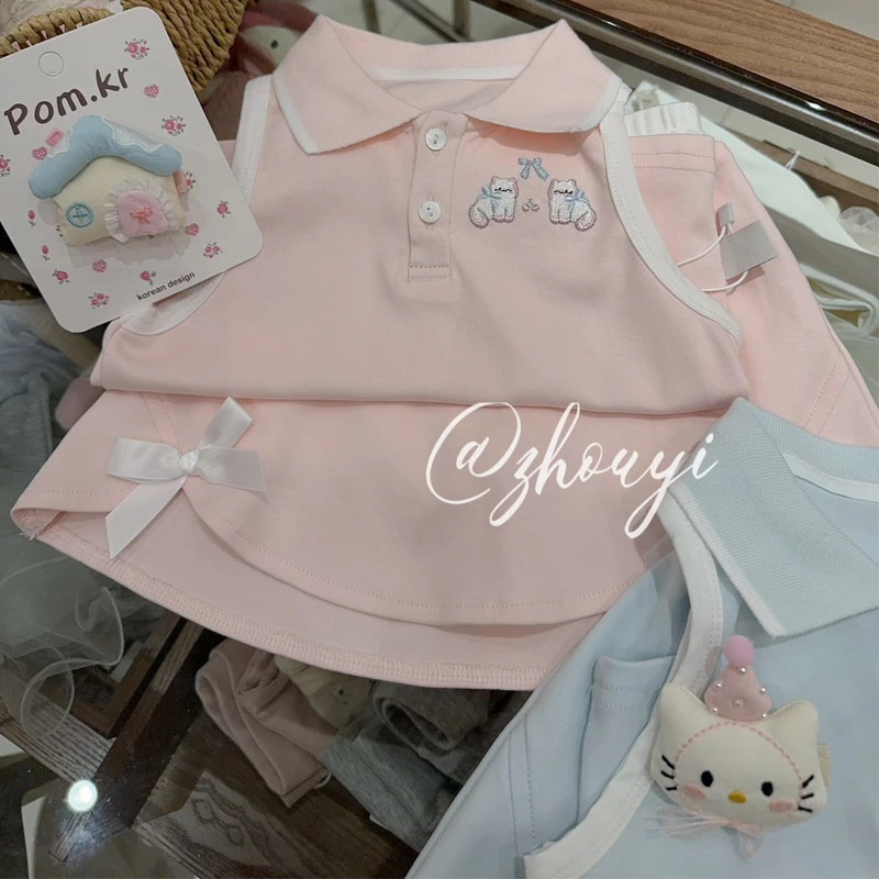 女童翻领背心半身裙两件套儿童无袖T恤女宝时髦洋气夏装新款裙子