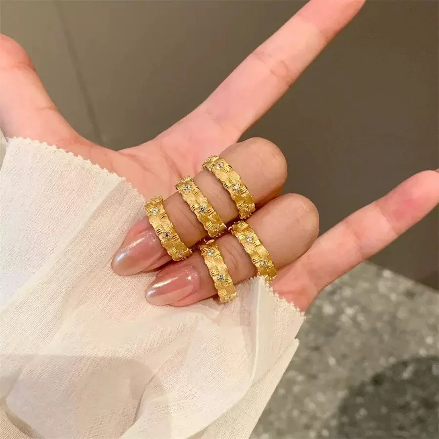 铜合金戒指 老钱风中古编织拉丝锆石戒指女复古高级精致气质百搭