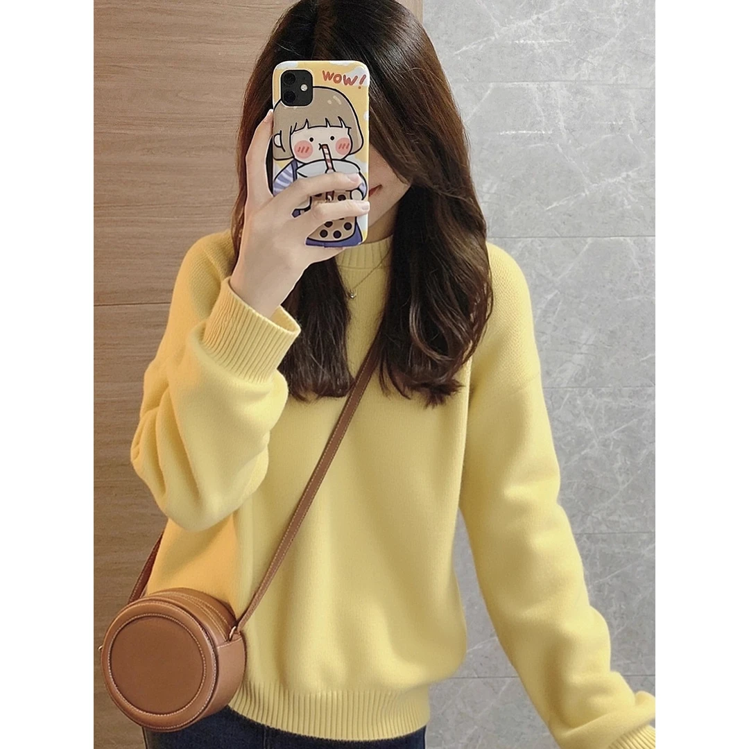 绝美！不能错过！黄色慵懒风打底衫毛衣女秋冬季加厚长袖针织衫上衣