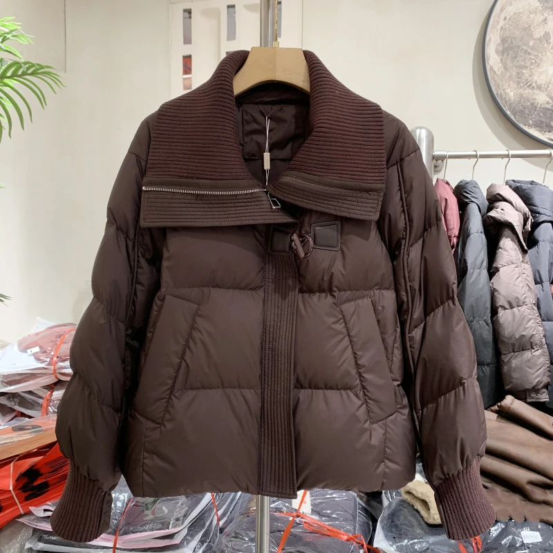 时尚设计感针织拼接翻领今年流行短款棉服女2025冬季新款保暖棉衣