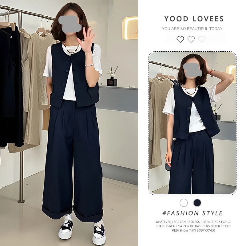 休闲复古马甲短袖T恤阔腿裤套装女夏季2025新款又酷又飒三件套