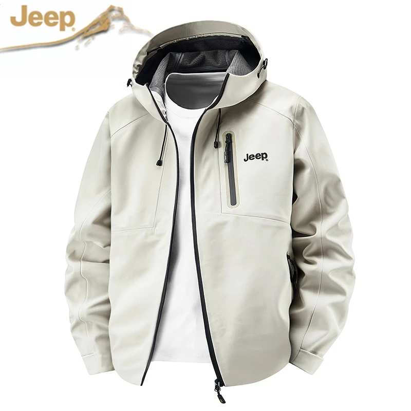 吉普男士春秋休闲户外防风连帽保暖运动情侣软壳风衣夹克外套薄款