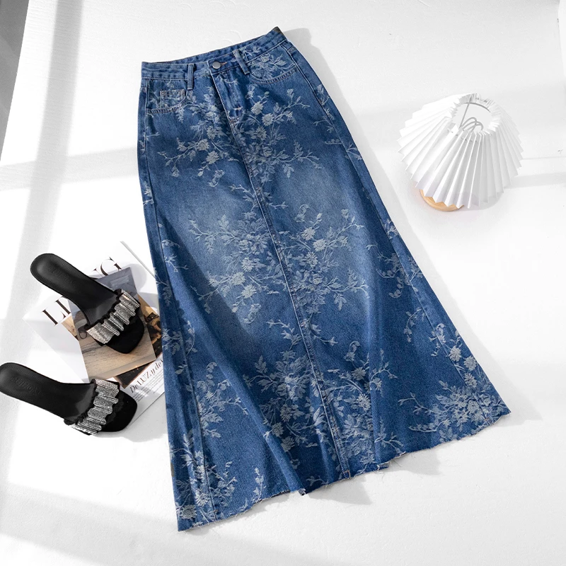 提花牛仔裙女半身裙2025年夏天薄款高腰显瘦温柔垂感鱼尾裙中长款
