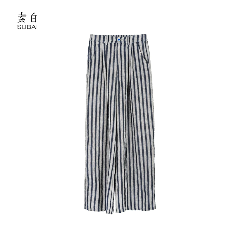 素白【罗马】时尚高腰松紧显瘦百搭亚麻条纹休闲裤SB2504CS01434