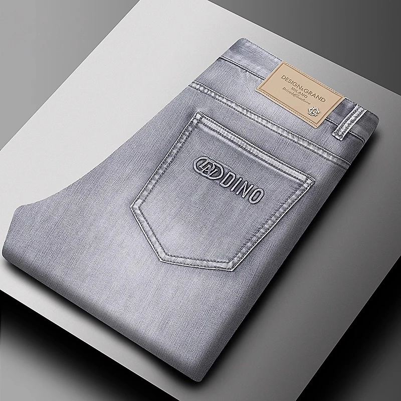 压花牛仔裤男士夏季薄款高端质感灰色时尚弹力直筒修身休闲长裤男