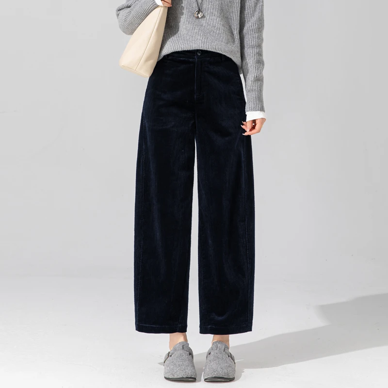 灯芯绒裤子女2025新款加绒窄版镰刀裤蓝色条绒裤小个子九分弯刀裤