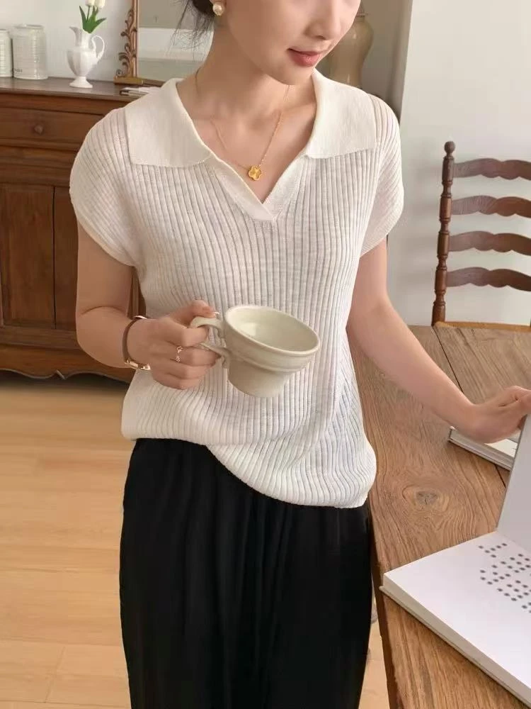 【傲傲精选】翻领V领针织半袖T恤