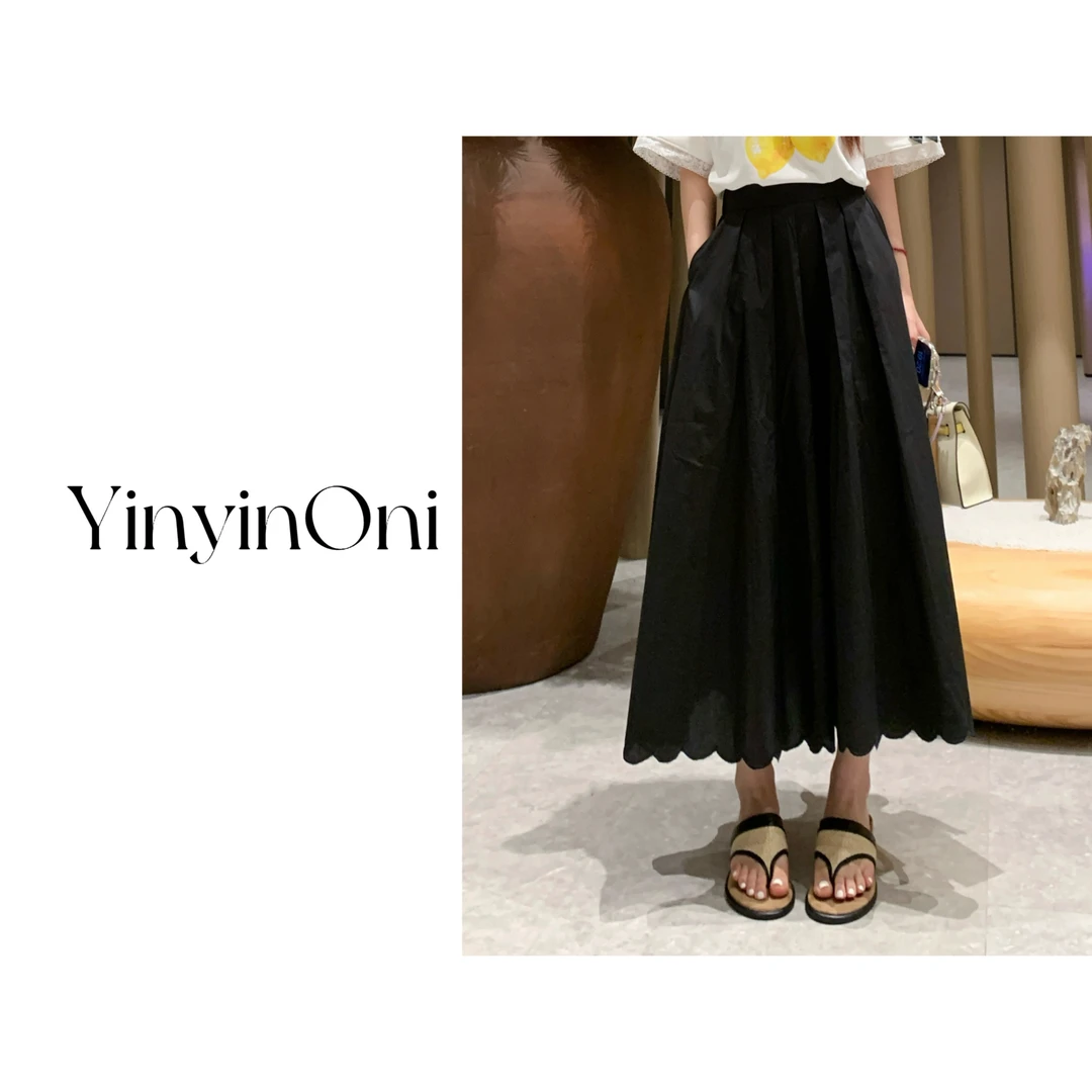 茵茵欧尼（自由）纯色半松紧大摆半身长裙 韩系花边高腰显瘦A裙女