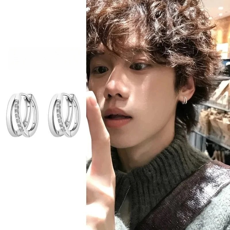 钛钢锆石耳饰 耳环男士小众设计感双环简约新款耳钉镶钻耳饰耳圈