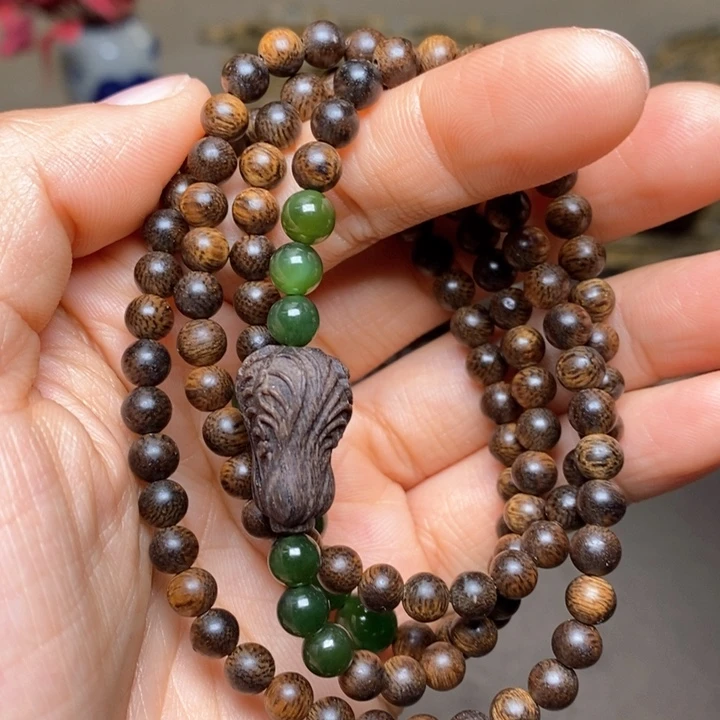 沉香手串越南芽庄紫棋金丝料05×118➕白菜沉香木雕