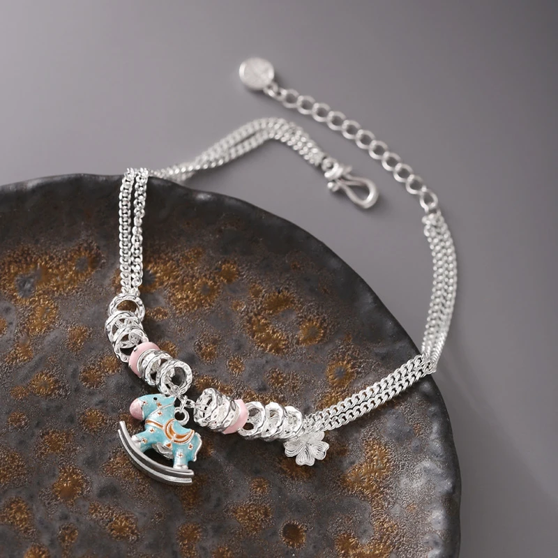 925银珐琅手链 925纯银彩色木马双层手链女简约小众设计甜美银圈