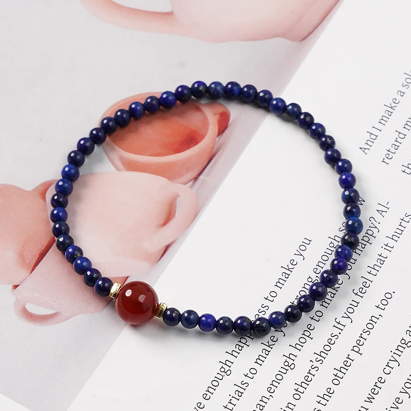 原创设计天然青金石红玛瑙简约设计素圈单圈手链手串蓝色女-8966