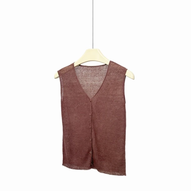 老钱风亚麻V领无袖单排扣针织衫