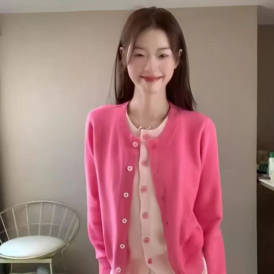 韩系穿搭拼接假两件上衣女早春秋粉色针织衫休闲毛衣开衫外套