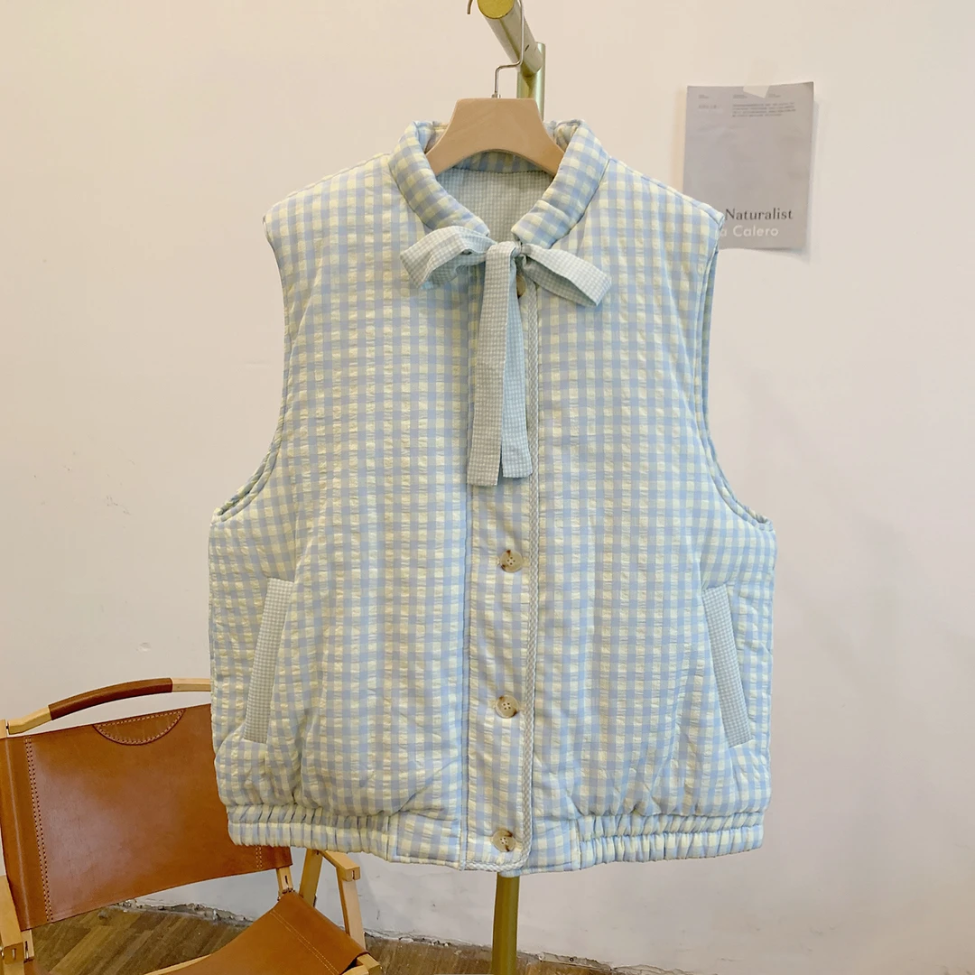 薄荷方糖3294格纹夹棉系带正反两穿立领马甲