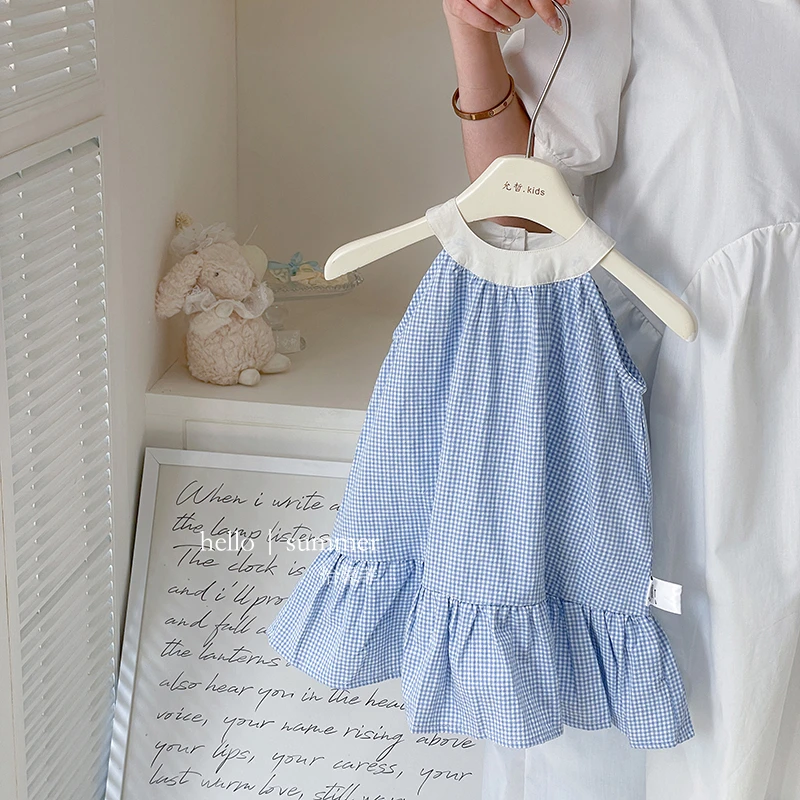 女童凉快清爽透气简约风挂脖裙小清新蓝格子女宝宝夏季童装连衣裙