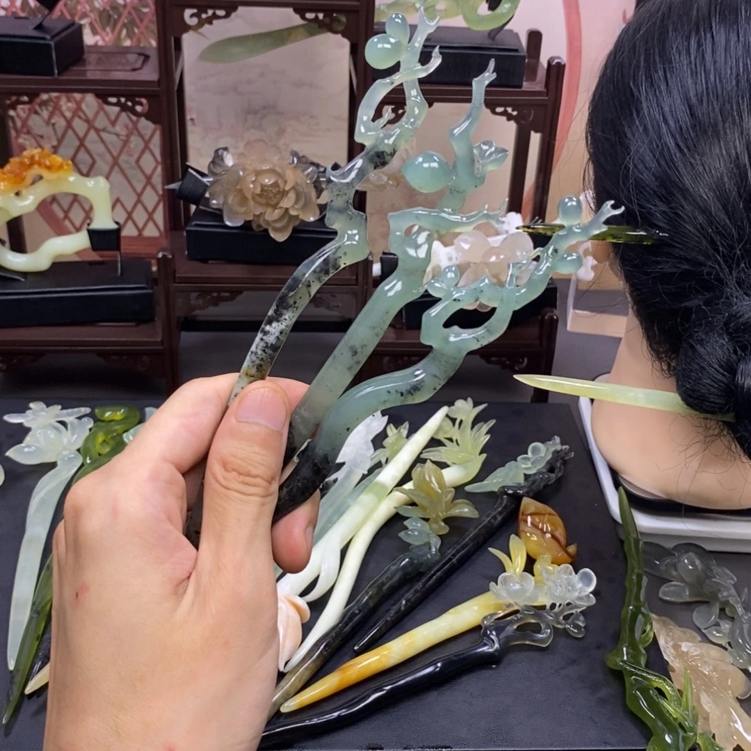 合金蛇纹石玉发饰一根