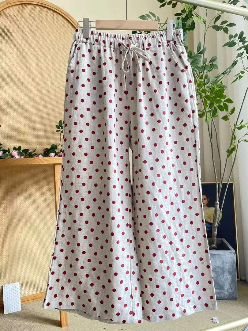 261102汉麻波点九分微喇裤女夏季薄款新款休闲阔腿裤