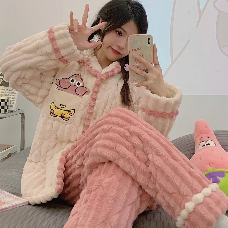 『派大星』三层夹棉睡衣女冬季加绒加厚珊瑚绒高颜值大码家居服套装