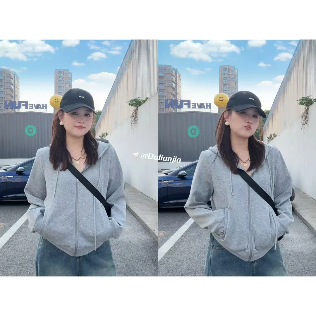 晶咕佳佳【仁川旧梦】工整口袋连帽拉链小卫衣时尚休闲灰色宽松