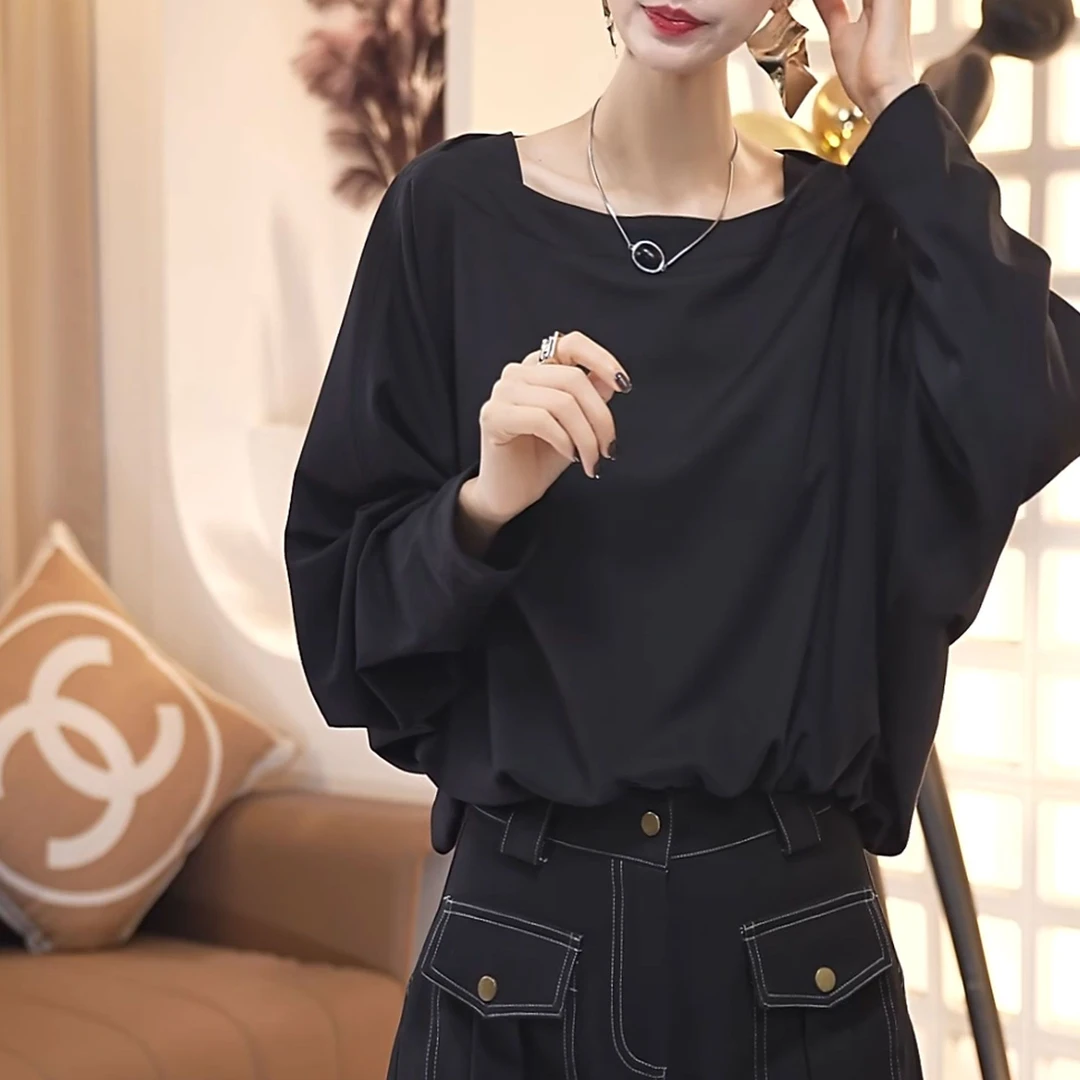 简约通勤纯色显瘦遮肉百搭T恤衫2025早秋新款小众设计感宽松上衣