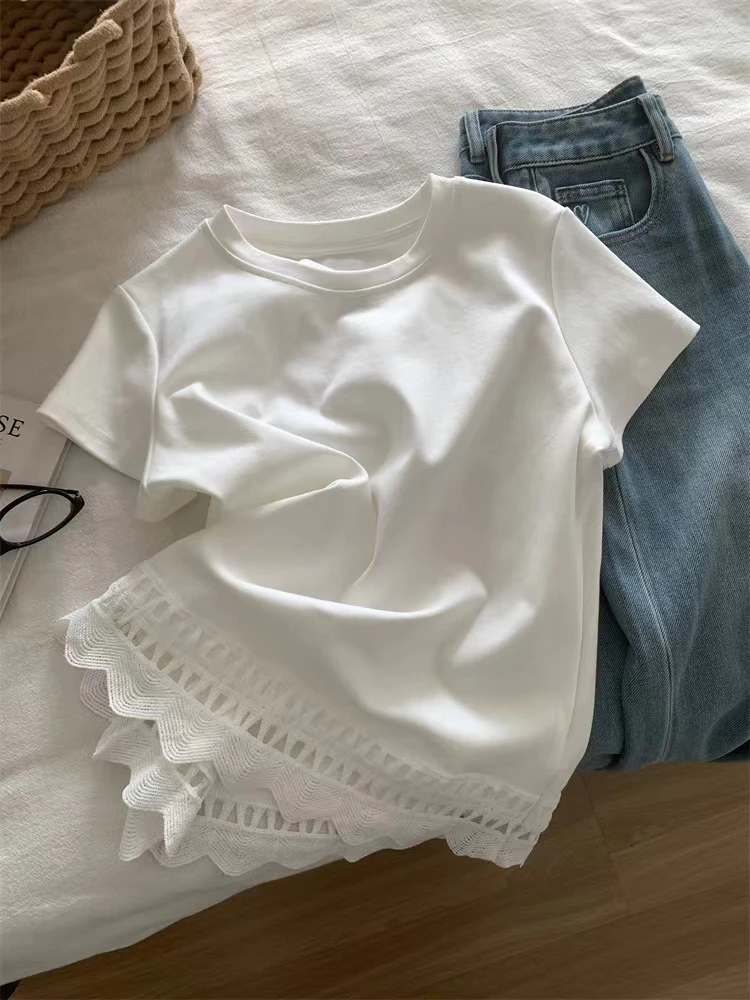 【Ruby佩】新品镂空拼接圆领宽松型宽松夏装时尚短袖T恤