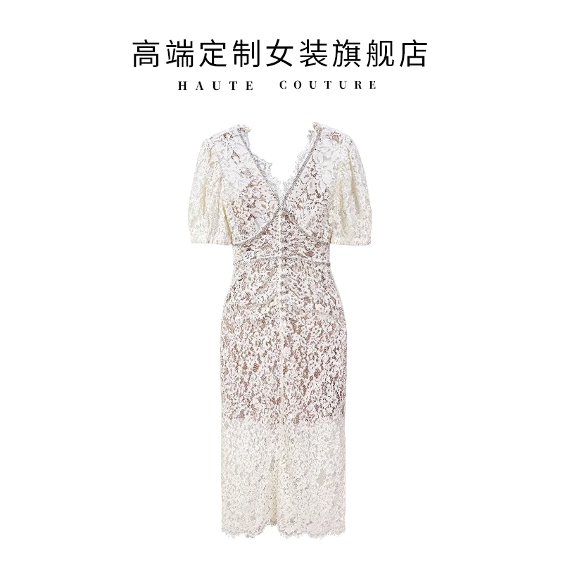 【筱翊定制】法式复古宫廷风高定轻奢蕾丝钩花V领钉钻显瘦连衣裙