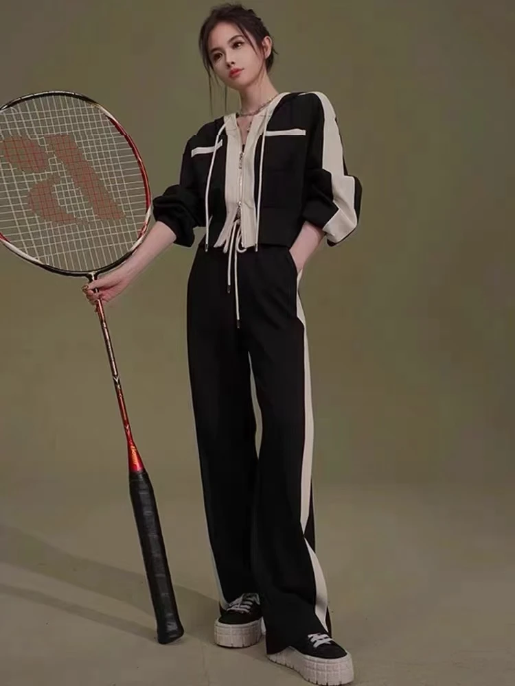 休闲运动套装女2025秋季新款时尚洋气撞色开衫显瘦卫衣两件套装女