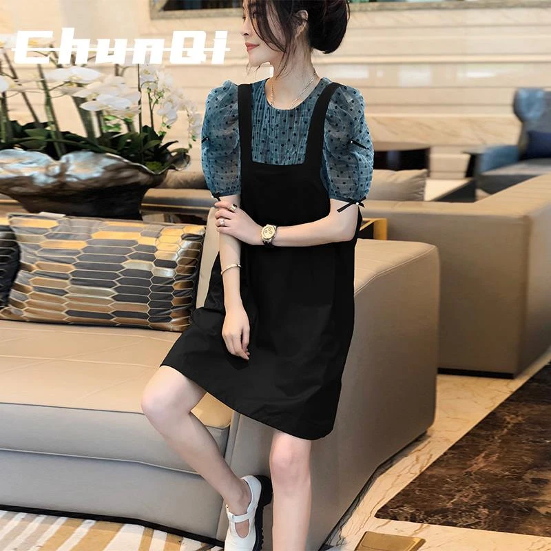 淳启黑色假两件拼接连衣裙女夏新款大码胖mm洋气减龄t恤背带裙子