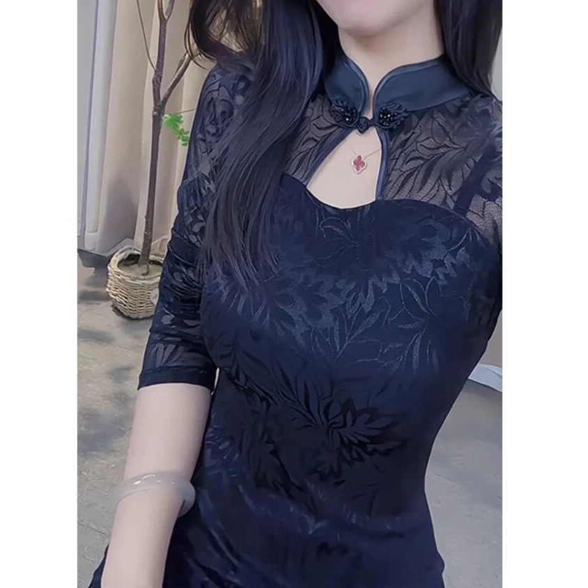 性感复古双襟小众中长裙长袖中国风日常蕾丝旗袍时尚