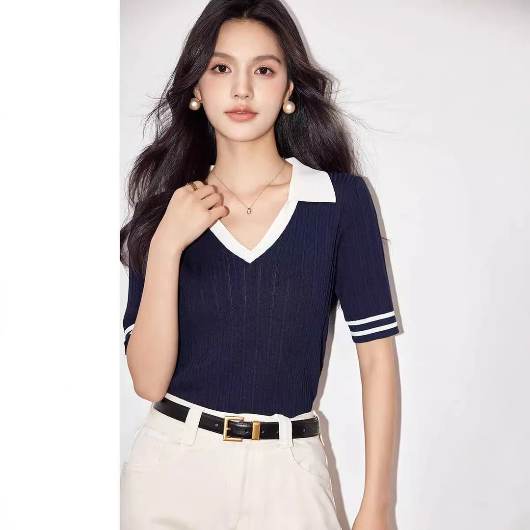 2024夏季奥特莱斯剪标尾货女装休闲polo衫冰丝针织短袖t恤女