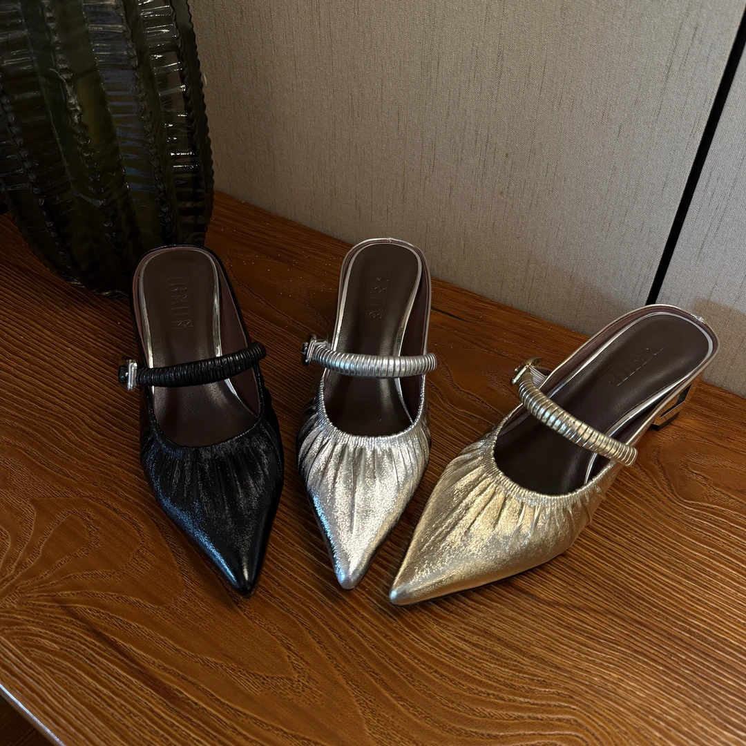 时髦清冷尖头皱褶摔纹皮平底复古百搭时尚气质方跟包头拖4752