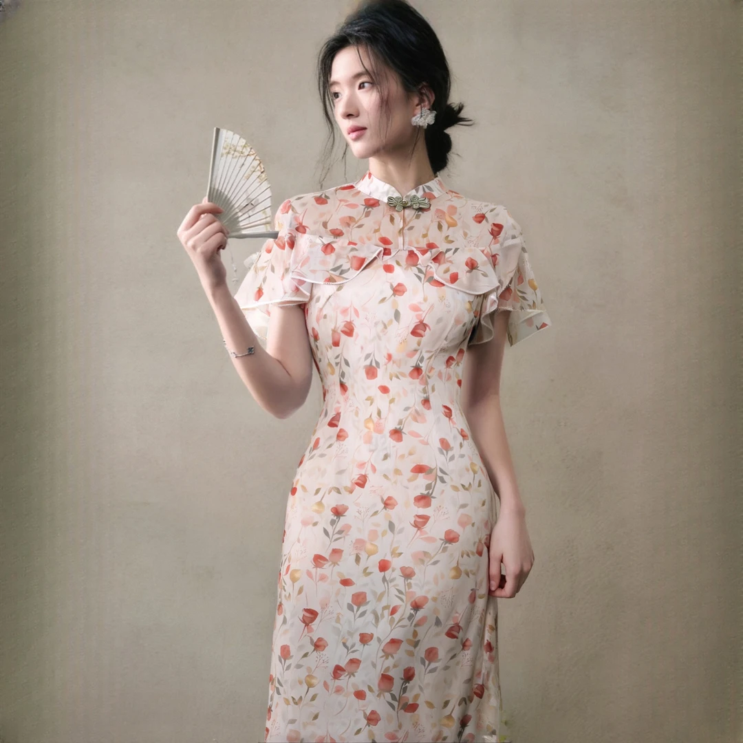 C【有里布】新中式2025新款夏季少女气质绝美国风米黄色碎花裙D2498